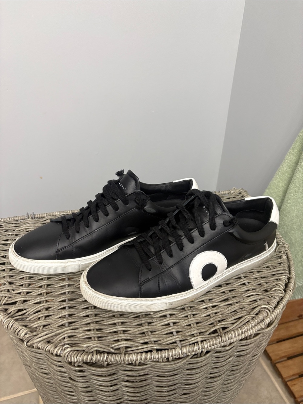 Oliver Cabell Black Leather Sneakers with White Round Patch